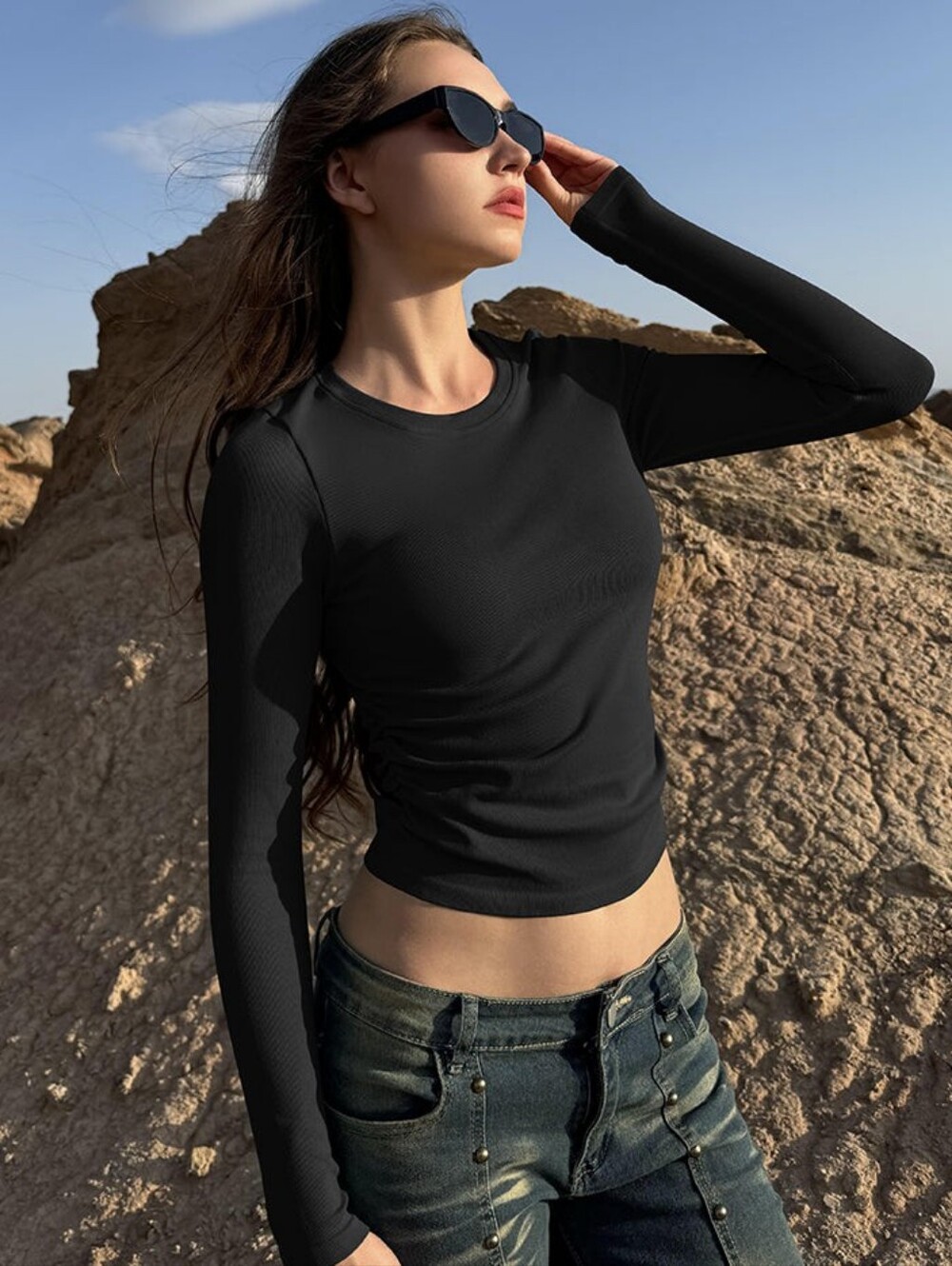 OQQ Crew Neck Ruched Stretch Fitted Tee Shirts Top